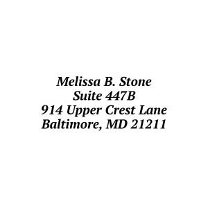 Four lines of centered address text displaying a sample name, suite number, street address, and city state zip code on a plain background.