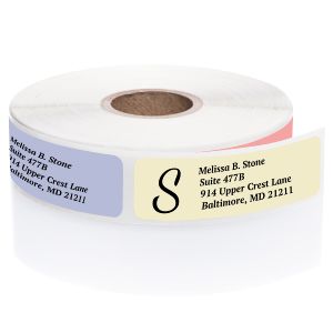 A roll of personalized stonewashed address labels featuring soft blue and cream backgrounds with a clean four-line typography layout template.