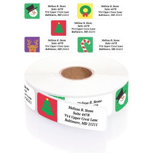 A roll of personalized holiday address labels showing a green Christmas tree design, with an overlay graphic displaying four other festive icons.
