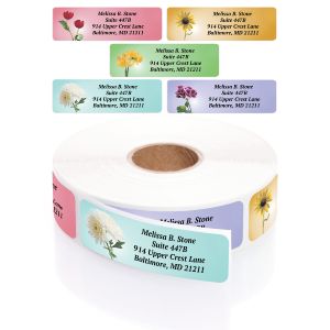A roll of personalized address labels showcasing a floral theme, featuring an overlay graphic of five different vibrant garden blossom designs.