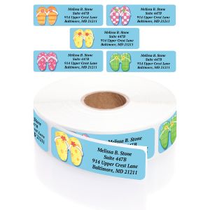 A roll of personalized summer address labels featuring a yellow flip-flop design, with an overlay showing five different colorful sandal styles.