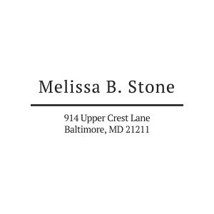 Sample impression of a pre-inked address stamp featuring the name Melissa B. Stone in a serif font above a solid black accent line.