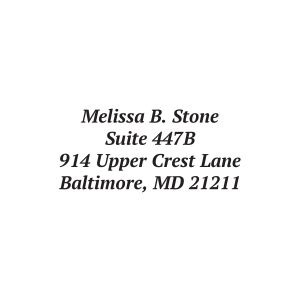 A crisp black impression of a classic pre-inked address stamp showcasing elegant italicized serif typography on a clean white background.
