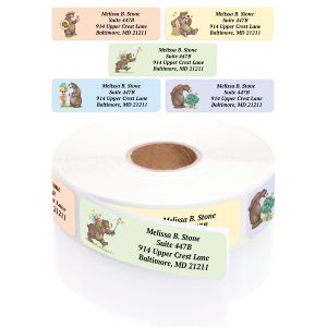 A paper roll of Bears address labels showcasing a cute teddy bear carrying a honey pot illustration beside a clean four-line typography layout.