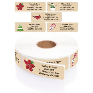 Five kraft-style holiday address labels featuring seasonal icons showcased above a roll of customized return address labels.