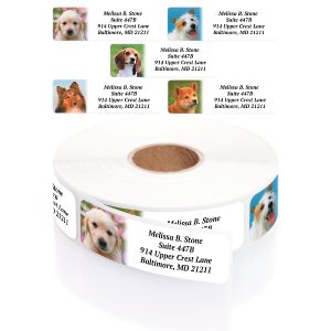 A rectangular personalized address label displayed above a large roll of matching labels, showcasing five different adorable puppy photo designs.