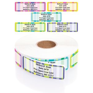 A rectangular personalized address label displayed above a large roll of matching labels, showcasing a vibrant, multi-colored striped border.