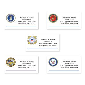 An assortment of five rectangular white address labels, each displaying a different military branch emblem next to personalized address text.