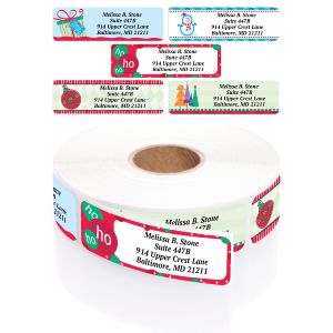 Five festive Christmas address labels with holiday graphics displayed above a roll of custom return address labels.