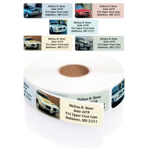 A large roll of white address labels showcasing an assortment of five distinct, vibrant classic muscle car illustrations beside crisp text.