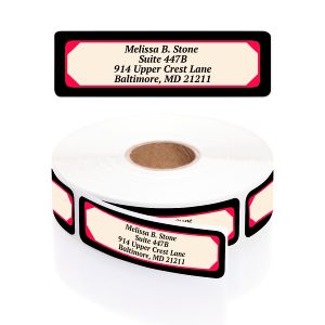 Single personalized Red and Black Bands address label featuring a bold dual border displayed above a rolled coil of return address labels.