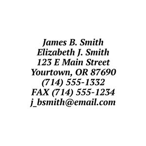 A close-up of a clean seven-line return address layout, displaying personalized names, street address, phone numbers, and email.