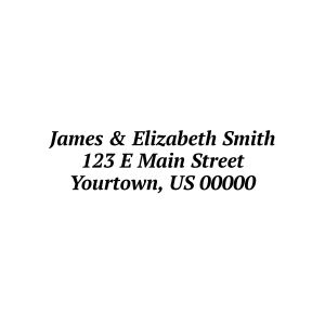 A crisp black ink impression of a personalized 3-line return address stamp featuring elegant cursive and block typography on a white background.
