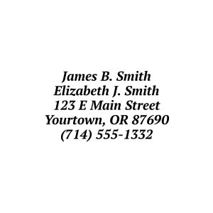 A crisp, clean impression of a five-line return address stamp featuring elegant, bold serif and sans-serif typography layout.