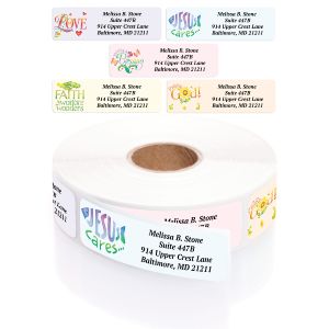 A paper roll of Assorted Faithful Expressions address labels showcasing a cute 