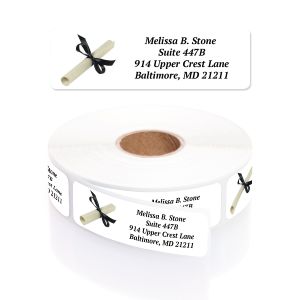 Roll of graduation-themed address labels featuring a rolled diploma graphic alongside four lines of personalized return address text.