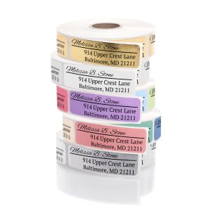 A vertical stack showing five color versions of personalized address labels with an off-center text layout on a crisp white background.