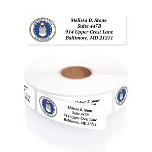 A paper roll of Air Force address labels showcasing the official blue and gold military emblem beside a clean four-line typography layout.