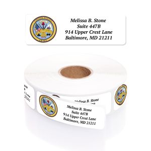 A paper roll of Army address labels showcasing the official blue and gold military department crest beside a clean four-line typography layout.