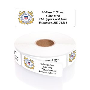 Coast Guard address label displayed above a roll of custom return address stickers featuring a official U.S. Coast Guard emblem.