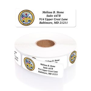 A paper roll of Army Retired address labels showcasing the official blue and gold military service crest beside a clean four-line typography layout.