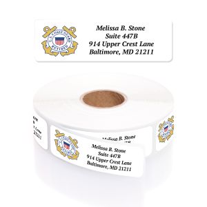 Roll of address labels with the U.S. Coast Guard Retired emblem unrolling slightly to display sample personalized name and address lines.