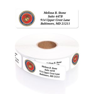 A roll of custom Marines Retired address labels in a clear dispenser, showcasing a red-and-gold military emblem next to custom text.