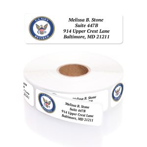 Single personalized address label featuring the U.S. Navy Retired emblem displayed above a rolled coil of return address stickers.