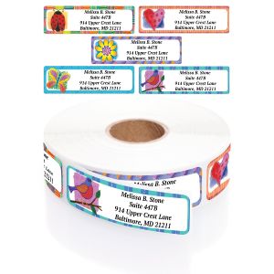A display of five colorful, imaginative address label designs alongside a roll of labels emerging from a clear round plastic dispenser.