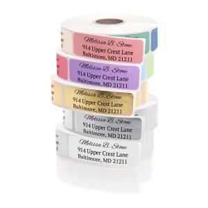 A vertical stack showing five different color options of personalized address labels, displayed together on a crisp white background.
