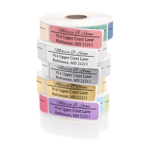 A vertical stack showing five different color options of personalized address labels with elegant horizontal accent lines, on a white background.