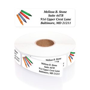 Roll of address labels with colorful crayon graphics unrolling slightly to display sample four-line personalized return address.