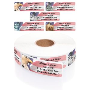 A paper roll of Liberty patriotic address labels showcasing rotating designs like the American bald eagle and flag with a clean text layout.