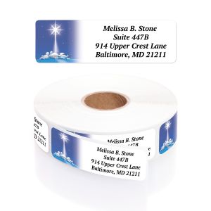 Roll of address labels featuring a shining nativity star design unrolling to show four lines of personalized return address text.