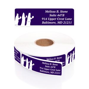 Roll of Journey Toward Peace address labels featuring a navy background with white silhouettes of three wise men and custom text.