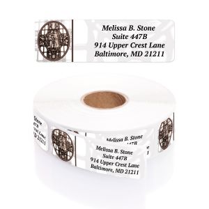 Single personalized Gods Window address label featuring a stained glass motif displayed above a rolled coil of return address labels.