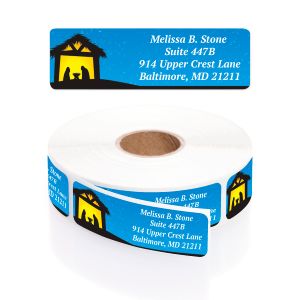 Roll of rectangular blue address labels featuring a yellow nativity scene graphic silhouette and customized four-line mailing contact details.