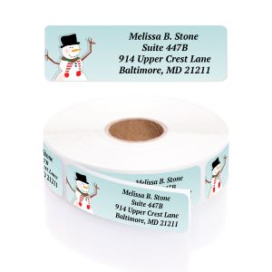 Roll of Cozy Snowman address labels showing a cute winter snowman illustration next to personalized custom printed contact text.