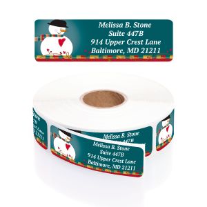 Close-up view of a personalized Country Snowman address label featuring a snowman with a top hat, heart vest, and teal backdrop.
