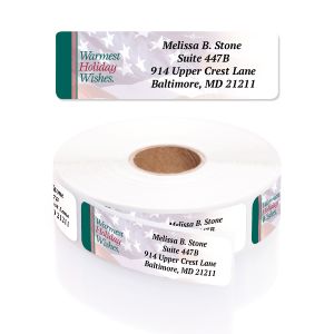 Roll of patriotic holiday rolled address label designs featuring American flag artwork and customized mailing address details.