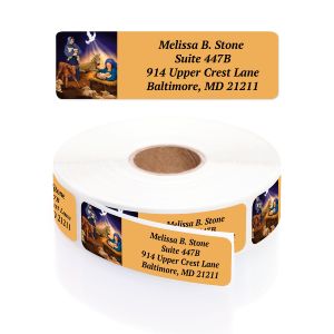 Rolled address labels featuring a nativity scene graphic with Mary, Joseph, baby Jesus, and custom text lines.