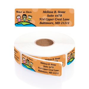 A roll of personalized Hands Around the World address labels featuring children holding hands on a globe with custom return address text.