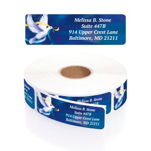 A roll of dark blue address labels showcasing a majestic white dove flying with an olive branch in its beak next to elegant white text.