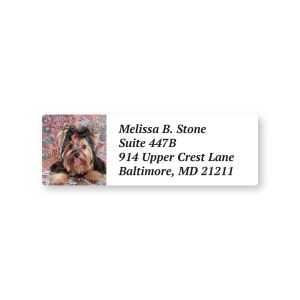 Rectangular Yorkie address label featuring a Yorkshire Terrier portrait graphic beside customizable return name and address text.