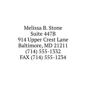 Sample stamped impression of a jumbo self-inking return address stamp displaying six lines of black custom text with name and contact info.