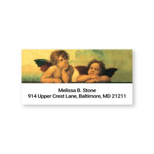 Personalized address label featuring classic renaissance cherub angels artwork above custom printed name and address details.
