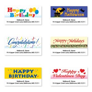 A grid of six custom address labels featuring vibrant designs for Happy Birthday, Halloween, Congratulations, Holidays, and Valentine's Day.