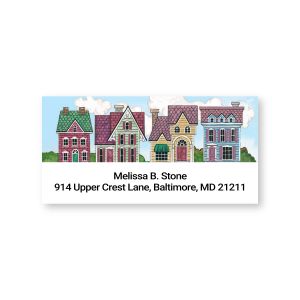 Victorian Homes personalized address label featuring colorful vintage house illustrations along the top and customized address text below.