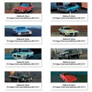 Grid of eight customized sheeted address labels displaying vintage muscle car illustrations in distinct colors alongside personalized name and address.