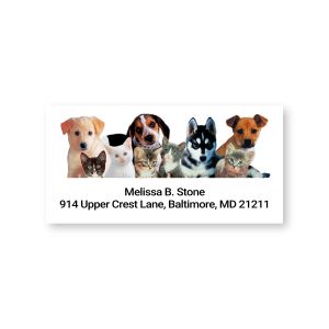 A close-up of a white address label featuring a row of four adorable illustrated puppies and kittens sitting side-by-side next to custom text.